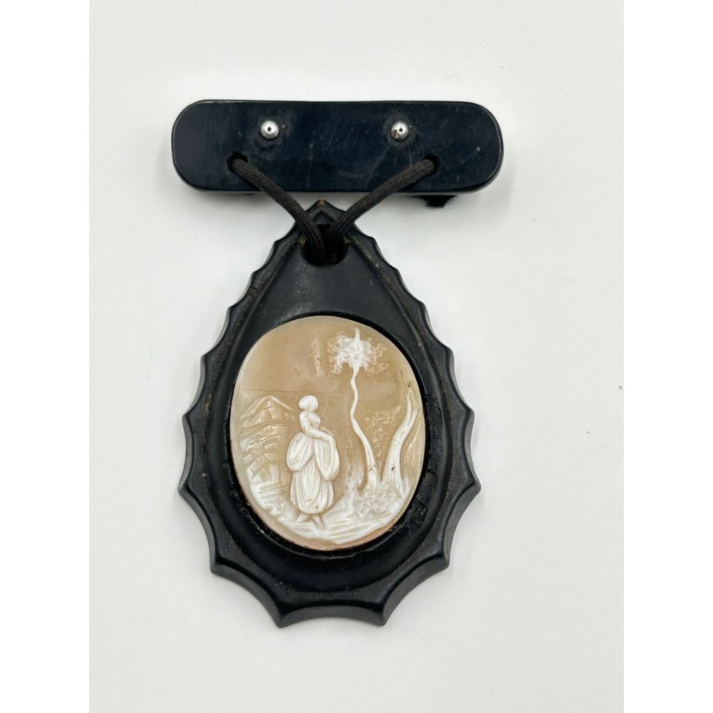 Antique Mourning Brooch Pin Dangle Genuine Carved Shell Cameo Black Drop Shaped - Picture 2 of 9
